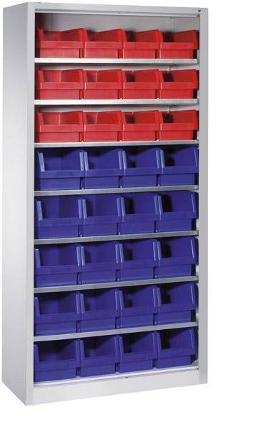 Lager-Regalschrank B1000xT300xH1980 mm RAL 7035 ohne Türen 7 Fachböden, 32 Kästen