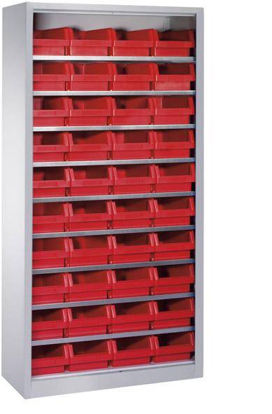 Lager-Regalschrank B1000xT300xH1980 mm RAL 7035 ohne Türen 9 Fachböden, 40 Kästen