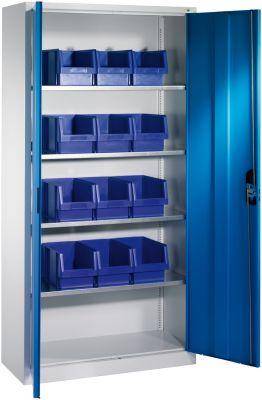 Lager-Regalschrank B1000xT300xH1980 mm RAL 7035/5012 mit Türen 4 Fachböden, 12 Kästen