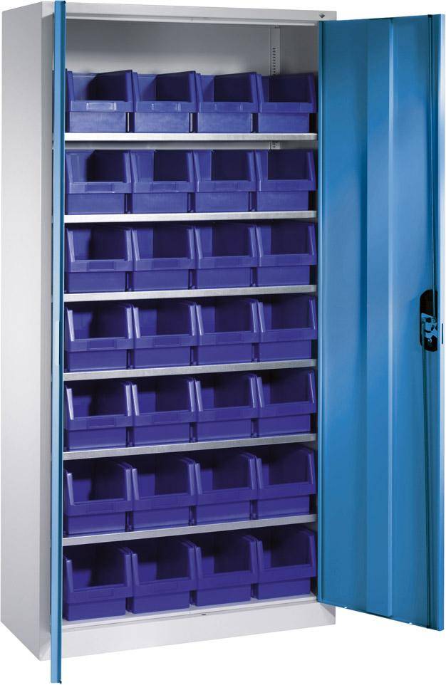 Lager-Regalschrank B1000xT300xH1980 mm RAL 7035/5012 mit Türen 6 Fachböden, 28 Kästen