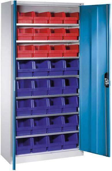 Lager-Regalschrank B1000xT300xH1980 mm RAL 7035/5012 mit Türen 7 Fachböden, 32 Kästen