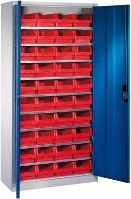 Lager-Regalschrank B1000xT300xH1980 mm RAL 7035/5012 mit Türen 9 Fachböden, 40 Kästen