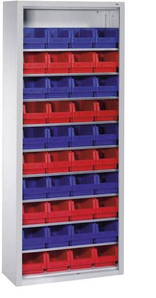 Lager-Regalschrank B700xT300xH1690 mm RAL 7035 ohne Türen 9 Fachböden, 40 Kästen