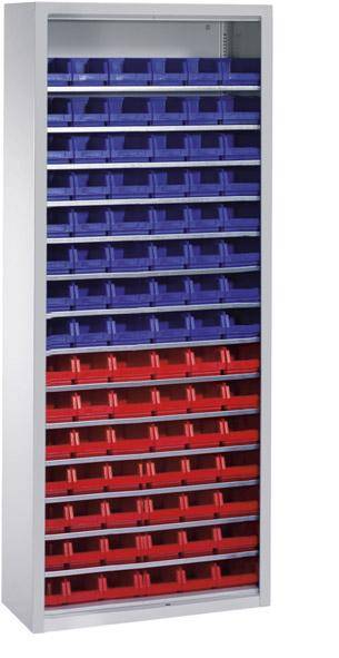 Lager-Regalschrank B700xT300xH1690 mm RAL 7035 ohne Türen 14 Fachböden, 90 Kästen