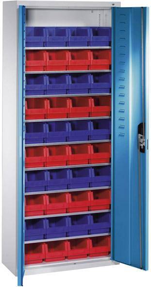 Lager-Regalschrank B700xT300xH1690 mm RAL 7035/5012 mit Türen 9 Fachböden, 40 Kästen