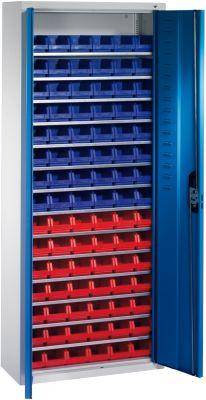 Lager-Regalschrank B700xT300xH1690 mm RAL 7035/5012 mit Türen 14 Fachböden, 90 Kästen