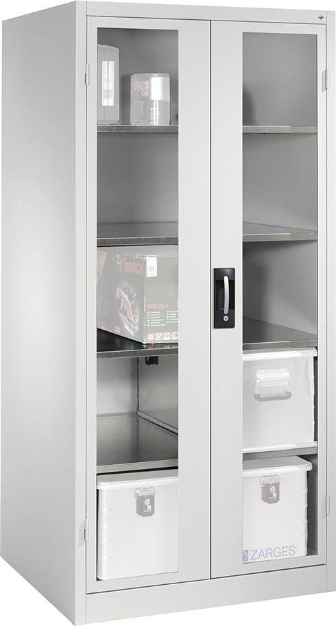 Flügeltürenschrank XXL B930xT800xH1950 mm RAL 7035, 4 Fachböden Türen mit Sichtfenster