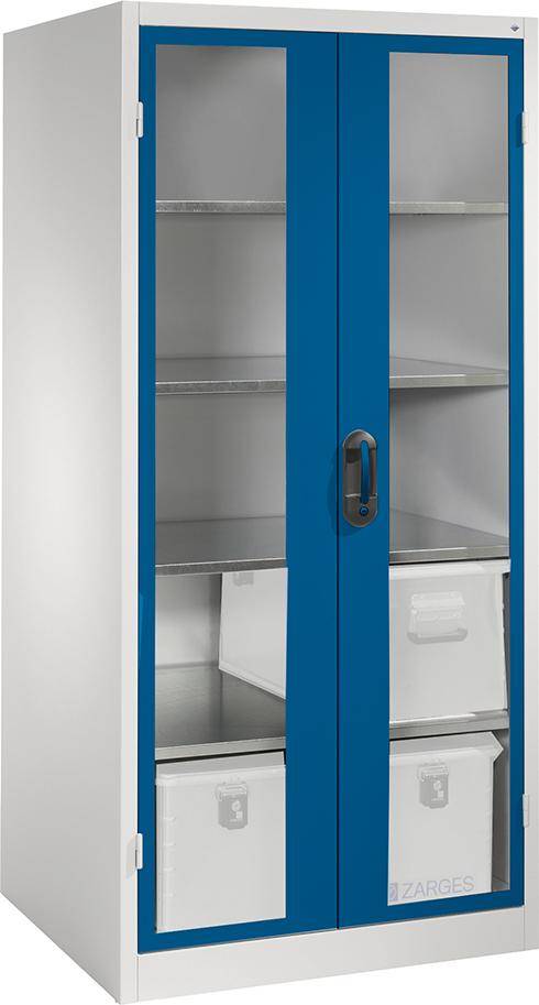Flügeltürenschrank XXL B12000xT800xH1950 mm RAL 7035/5012,4Fachböden Türen mit Sichtfenster