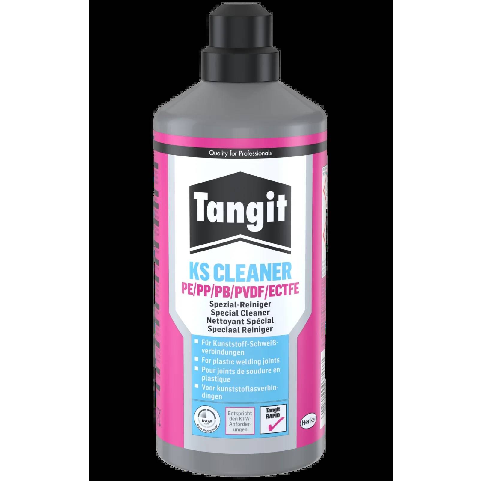 Flasche Tangit KS Cleaner, ein spezieller Reiniger für PE/PP/PB/PVDF/ECTFE-Kunststoffverbindungen, dargestellt als Produktverpackung auf schwarzem Hintergrund.