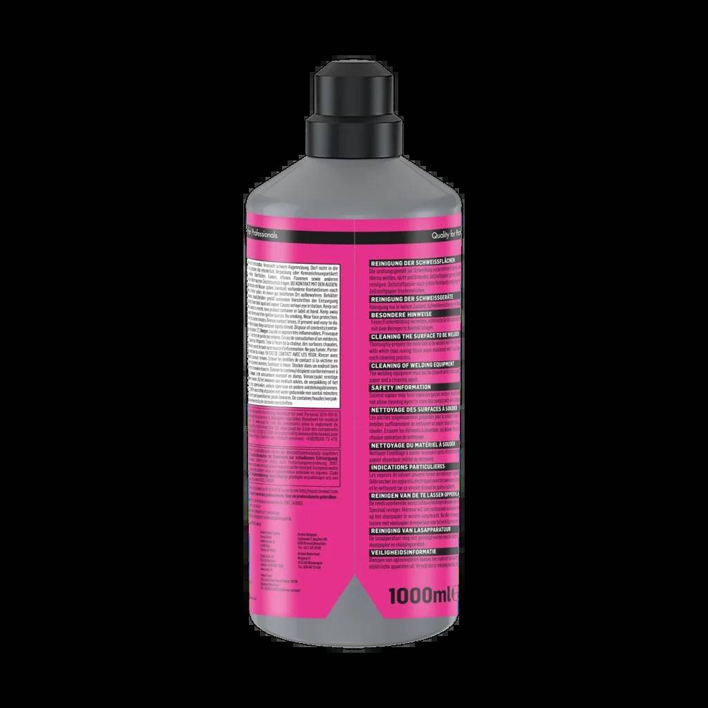 Graue Flasche mit leuchtendem rosa Etikett mit Sicherheits- und Reinigungsanweisungen, mit 1000 ml gekennzeichnet.