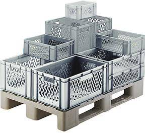 Transport-Stapelkasten B300xT200xH145 mm grau, Wände durchbrochen ohne Griffloch