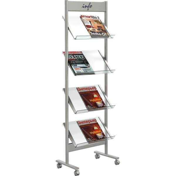 Hohes silberfarbenes Magazinregal mit vier geneigten, transparenten Regalen auf Rollen, das verschiedene Magazine unter einer 