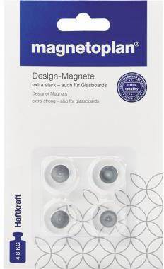 Paket mit magnetoplan Design-Magneten für Pinboards, zeigt vier graue Magnete mit der Aufschrift „Design-Magnete