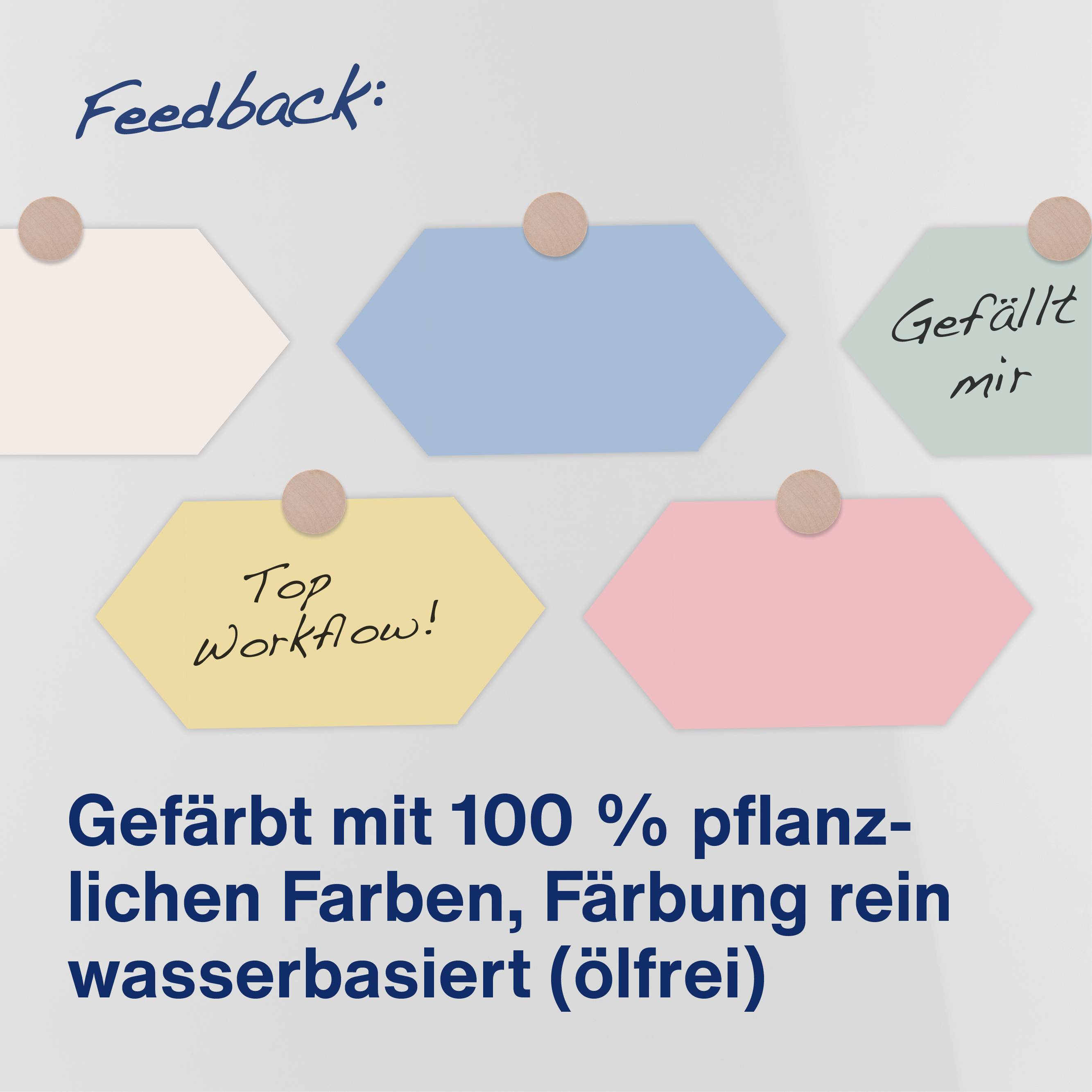 Hexagonale Notizen mit Feedback: 'Gefällt mir', 'Top WorkFlow!' Mit 100% pflanzlichen Farbstoffen gefärbt, wasserbasierte Färbung (kein Öl).