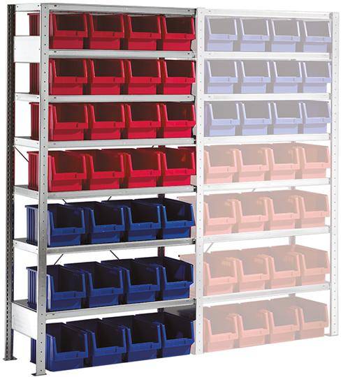 Steckregal Meta-CLIP B1000xT400xH2000 mm Grundfeld 7 Böden vzk Fachlast 100kg 28 Kästen