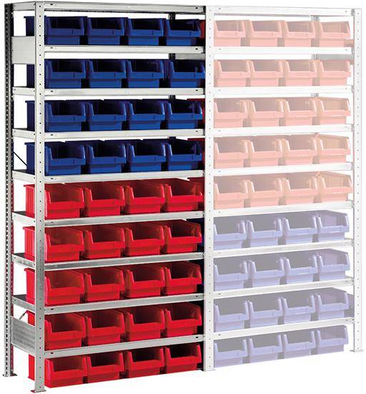 Steckregal Meta-CLIP B1000xT400xH2000 mm Grundfeld 9 Böden vzk Fachlast 100kg 36 Kästen