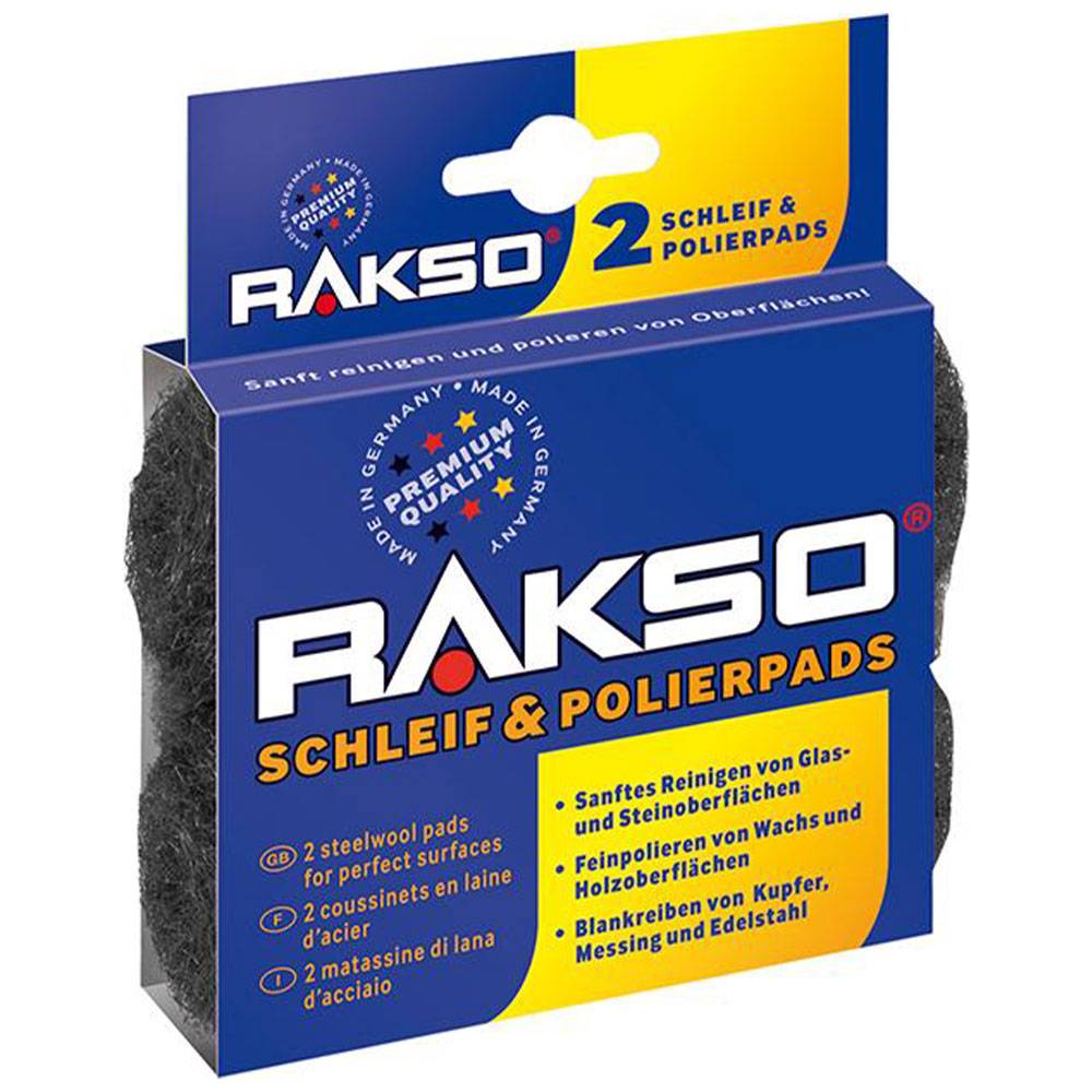 Verpackung für RAKSO 2 Schleif- und Poliertücher, zeigt zwei Stahlwolle-Pads zum Reinigen und Polieren von Oberflächen.