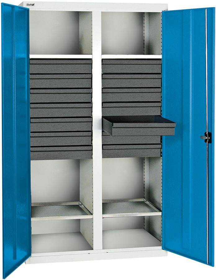 Werkzeugschrank B1000xT500xH1800 mm RAL 7035/5012 14 Schubladen, 4 Wannen - Artikel: 7830305731