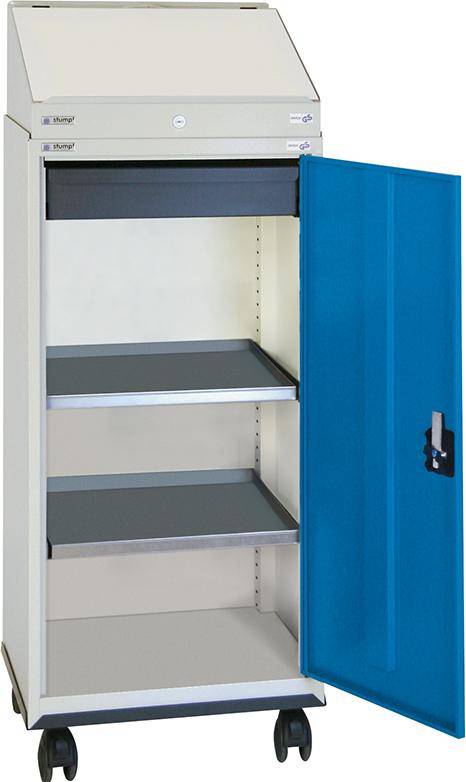 Schreibpultschrank B500xT500xH1310 mm RAL 7035/5012 1 Schublade, 2 Wannen - Artikel: 7830305696
