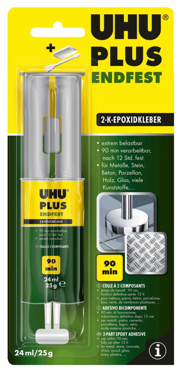 Gelbe UHU Plus Endfest 2-Komponenten-Epoxidklebstoff-Tube Packung, mit einer Verarbeitungszeit von 90 Minuten und Verwendung für Metall, Stein, Holz, Glas und Kunststoff.