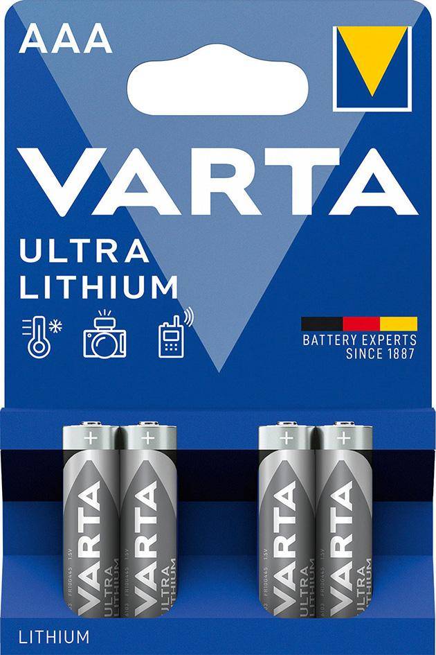 VARTA Ultra Lithium AAA-Batterien-Paket mit vier Batterien abgebildet und dem Label „Batterie-Experten seit 1887