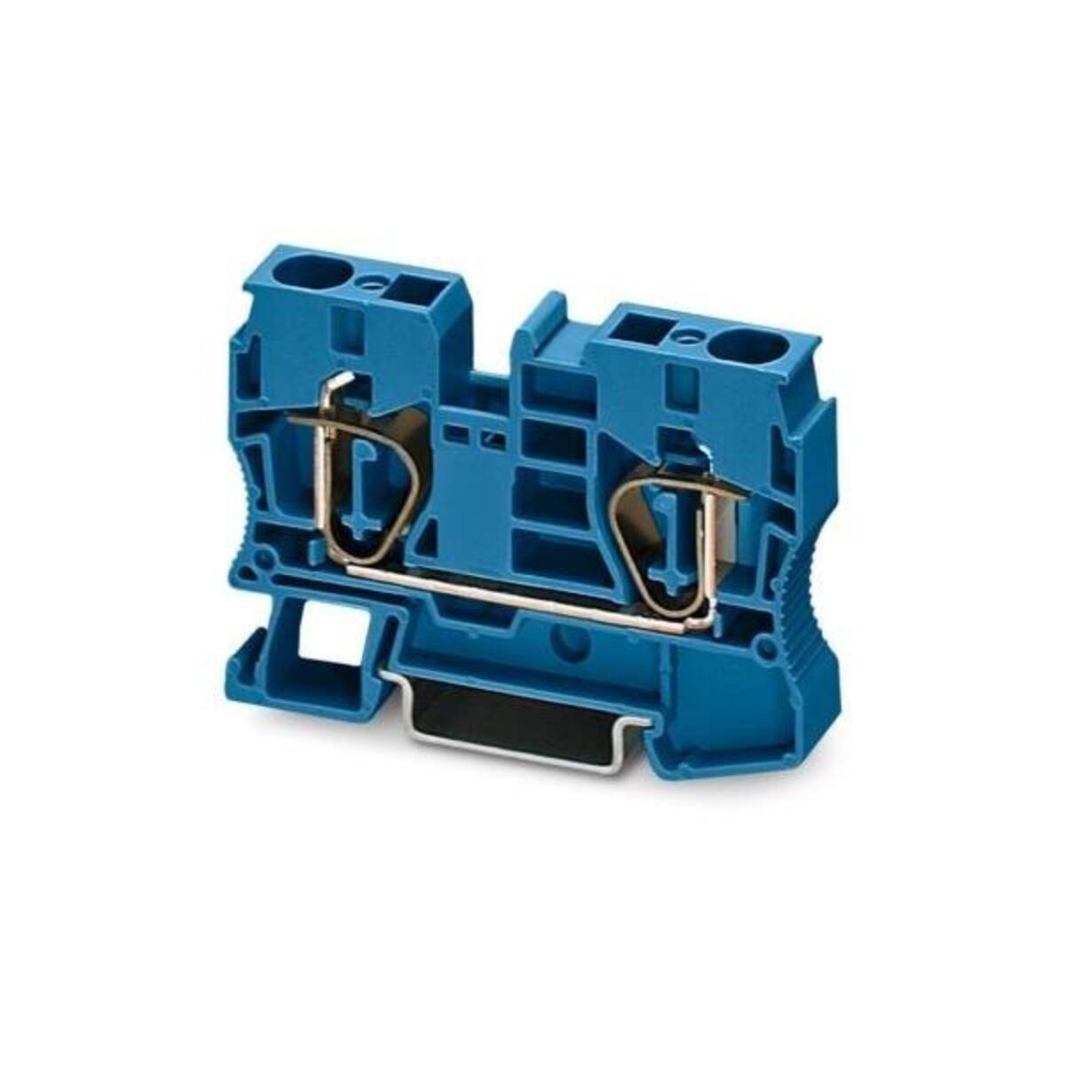 Blauer DIN-Schienen-Elektroklemmenblock-Stecker mit Metallklemmkontakten, dargestellt in Schnittansicht vor weißem Hintergrund.