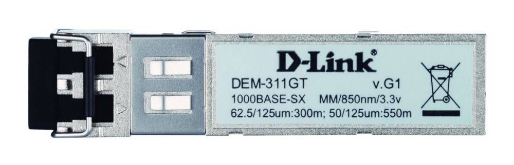 Nahaufnahme eines D-Link-Transceiver-Moduls mit der Bezeichnung 'DEM-311GT 1000BASE-GX', mit Spezifikationen '62,5/125 µm: 300 m; 50/125 µm'.