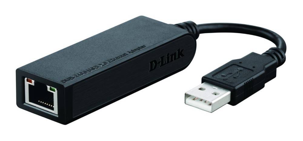 D-Link USB 2.0 Fast Ethernet Adapter mit schwarzem Gehäuse, verwendet zum Anschließen von Geräten an ein Netzwerk über den USB-Anschluss.