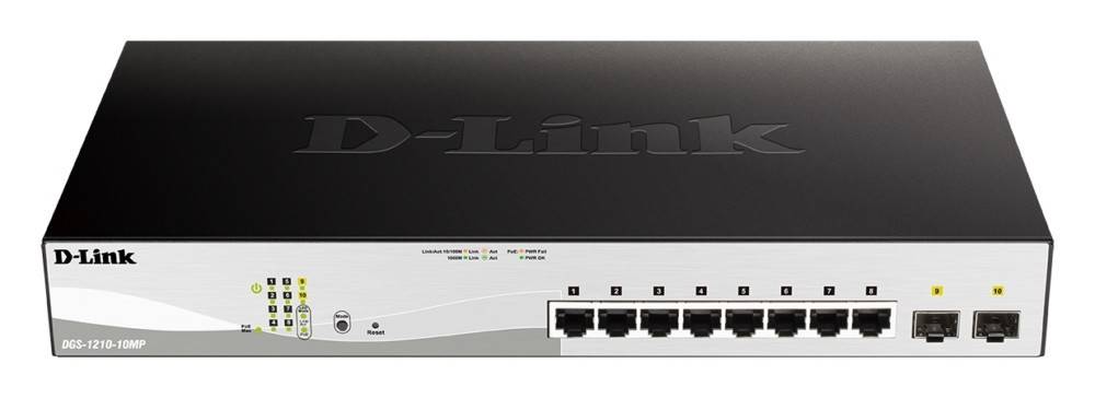 Ein D-Link Netzwerk-Switch mit fünf Ethernet-Ports, LEDs zur Anzeige von Konnektivität und Betriebsstatus sowie einem Rücksetztknopf.