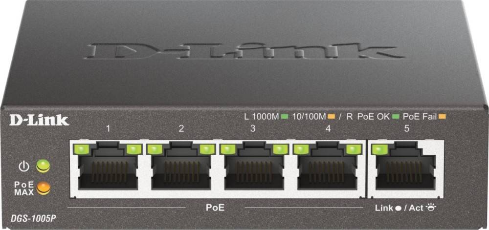 Eine Nahaufnahme eines Netzwerk-Switches mit acht Ethernet-Ports. Die Ports verfügen über LED-Anzeigen, die den Status zeigen; vier sind grün, vier sind orange.