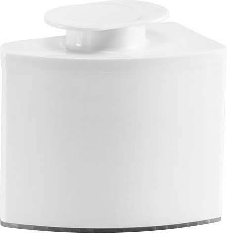 Ein weißer, gebogener rechteckiger Behälter mit einem runden Deckel, der zum Aufbewahren kleiner Gegenstände verwendet wird.