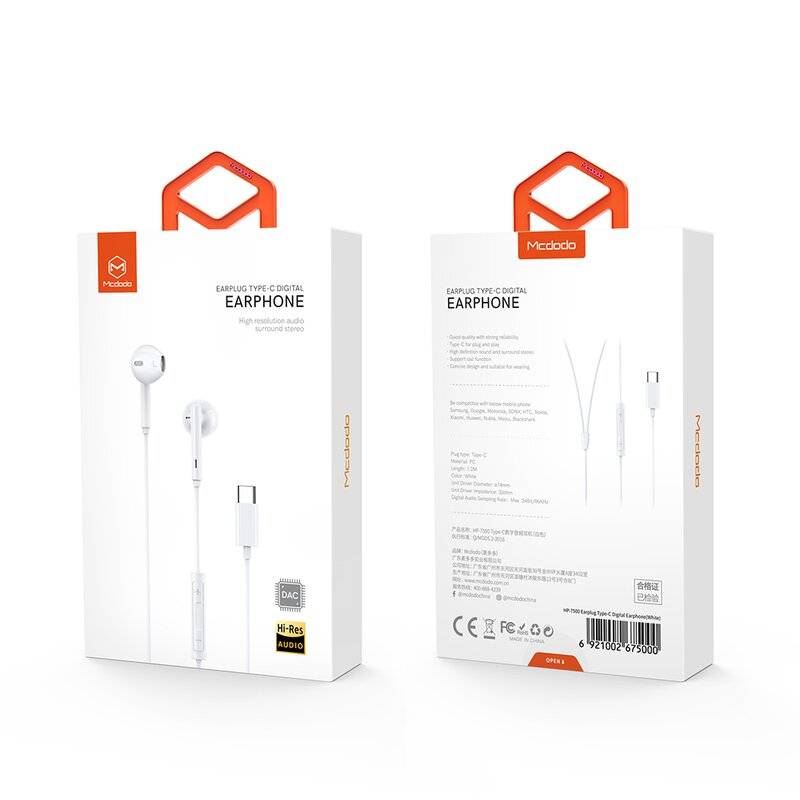 HP-7500 In Ear Kopfhörer Stereo Headset USB-C TYP-C mit Mikrofon Fernbedienung für Handy iPhone Samsung Sony Huawei Weiß
