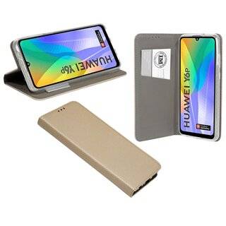 Buch Tasche "Smart" kompatibel mit HUAWEI Y6P Handy Hülle Etui Brieftasche Schutzhülle mit Standfunktion, Kartenfach Gold