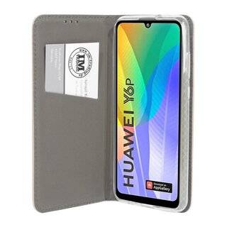 Buch Tasche "Smart" kompatibel mit HUAWEI Y6P Handy Hülle Etui Brieftasche Schutzhülle mit Standfunktion, Kartenfach Gold
