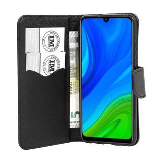 Buch Tasche "Fancy" kompatibel mit HUAWEI P SMART 2020 Handy Hülle Etui Brieftasche Schutzhülle mit Standfunktion, Kartenfach Schwarz