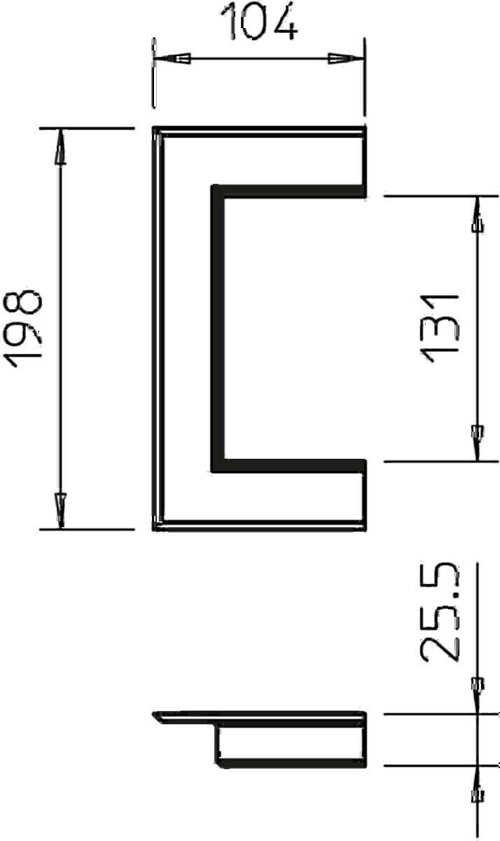 L-förmige Winkelschiene oder Profil mit beschrifteten Abmessungen: Höhe 198, innere Höhe 131 und Breite 25,5.