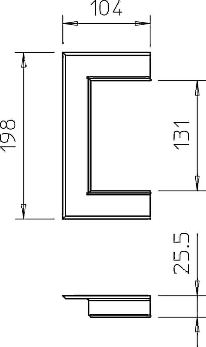 Technische Zeichnung eines Winkelstahls in L-Form; Abmessungen sind 198 bei 131 bei 25,5 Einheiten.