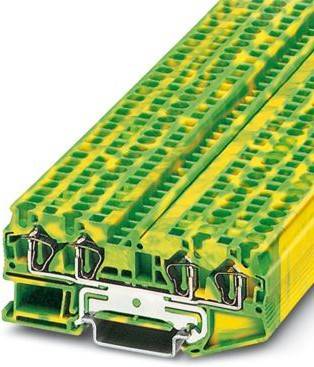 Nahaufnahme eines grün-gelben elektrischen Klemmblocks oder Steckers mit Metallklammern und einer zentralen Buchse.