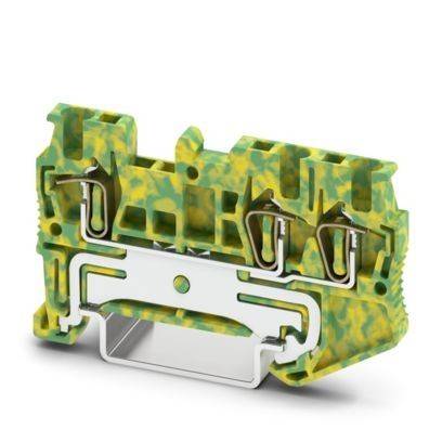 Dreipoliger elektrischer Klemmblock mit grün-gelb isoliertem Gehäuse und Metall-Klemmverbindern, dargestellt in einer Schnittdarstellung.
