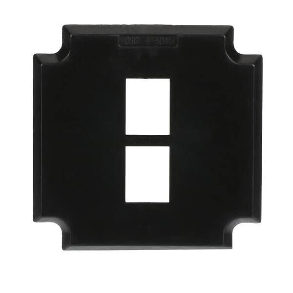 Eine schwarze rechteckige elektrische Abdeckplatte mit zwei rechteckigen Ausschnitten für Schalter.
