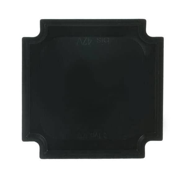 Ein schwarzes, quadratisches, an den Ecken abgerundetes Gummikissen, von oben betrachtet, möglicherweise zur Geräteunterstützung oder Vibrationsdämpfung verwendet.