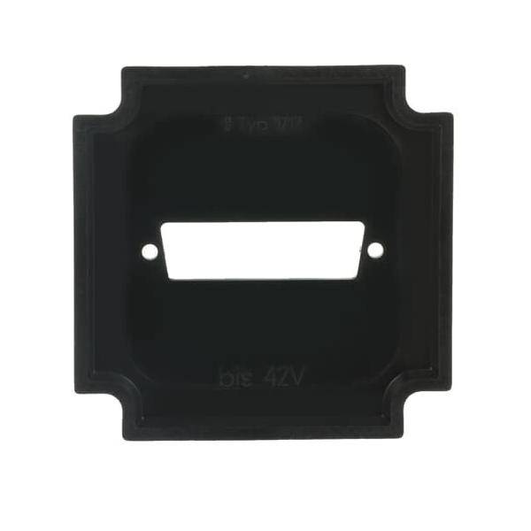 Ein schwarzer rechteckiger Rahmen mit einem horizontalen Schlitz in der Mitte, der als Abdeckung für eine elektrische Komponente verwendet wird.