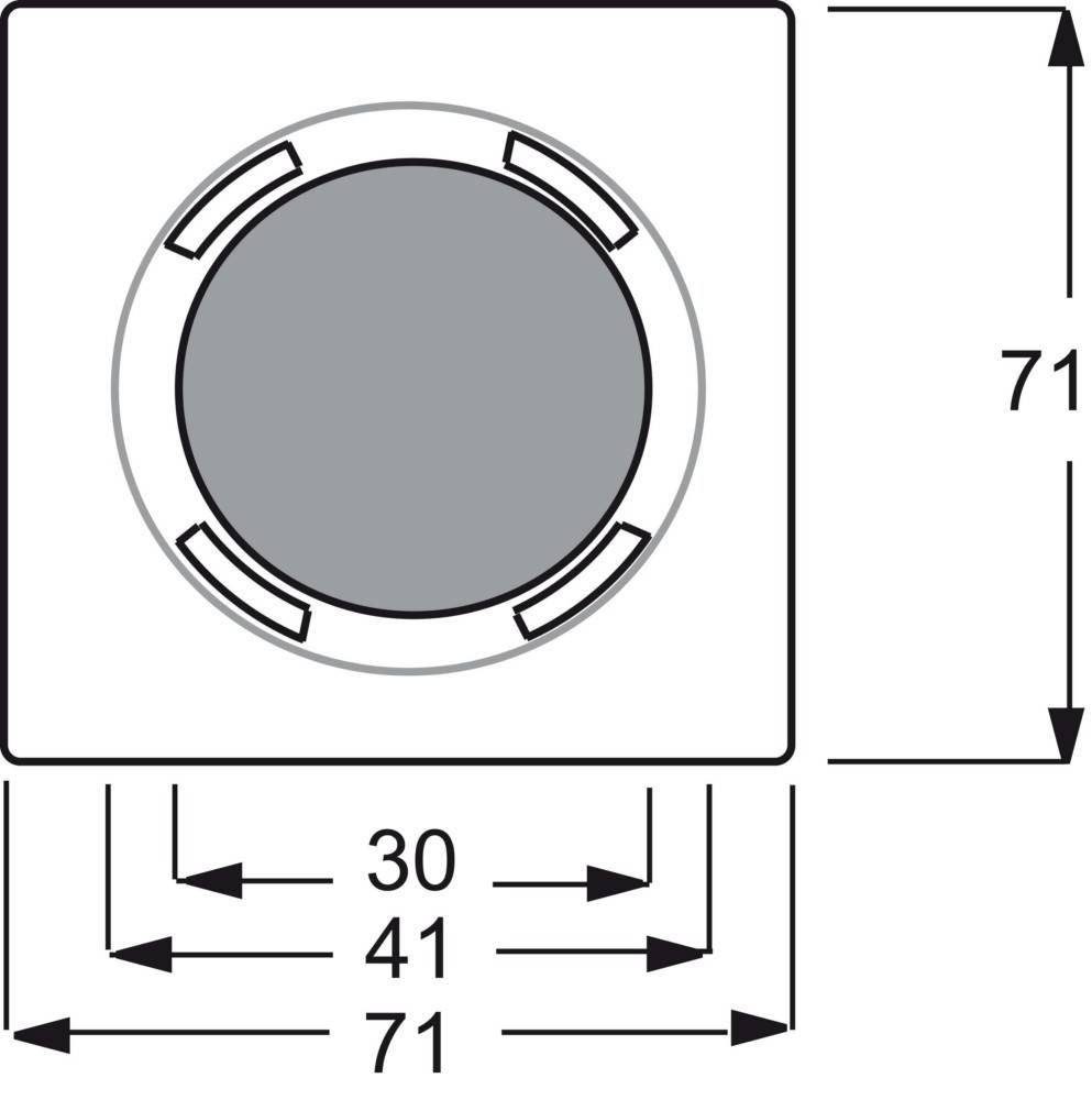 Technische Zeichnung eines quadratischen Panels mit einer zentralen kreisförmigen Öffnung und vier seitlichen Laschen, dimensioniert 71 mal 71 mit einem inneren Maß von 30 mm und einem Abstand von 41 mm.