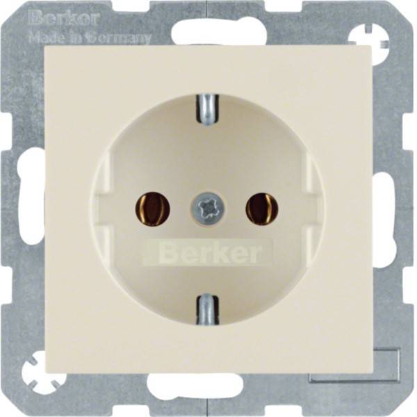 Beige Berker Elektrosteckdose mit Metallbefestigungsrahmen, Vorderansicht