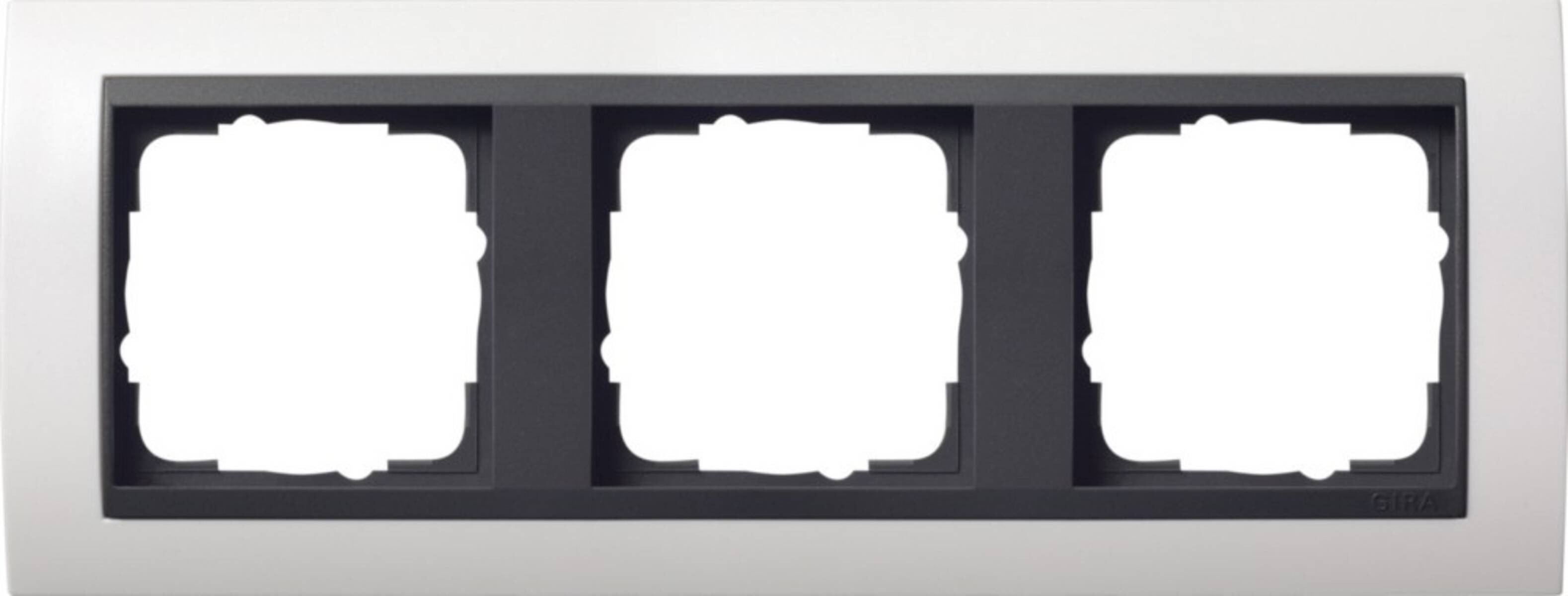 Drei leere weiße quadratische Platzhalter in einem schwarzen rechteckigen Rahmen, horizontal wie eine dreiteilige Anzeige angeordnet.