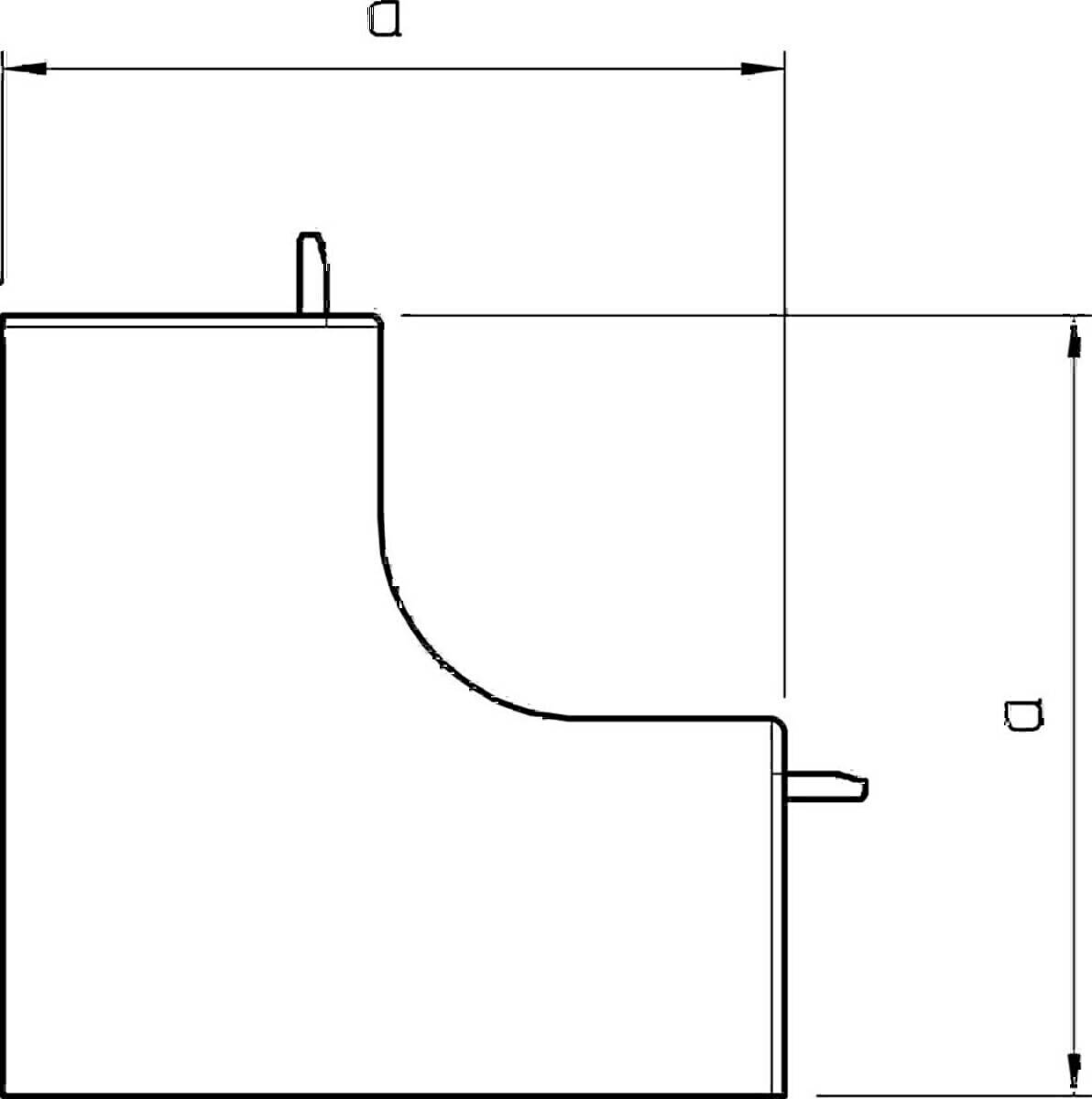 Technische Zeichnung eines L-förmigen Objekts mit durch Pfeile und Linien gekennzeichneten Dimensionen, die sich auf die Messung von Breite und Höhe konzentrieren.