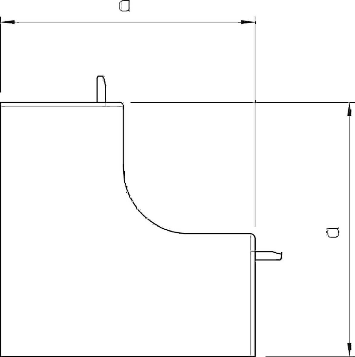 Technische Zeichnung eines mechanischen Bauteils mit präzisen Abmessungen, ausgezeichnet durch kantige Linien und abgerundete Kanten.