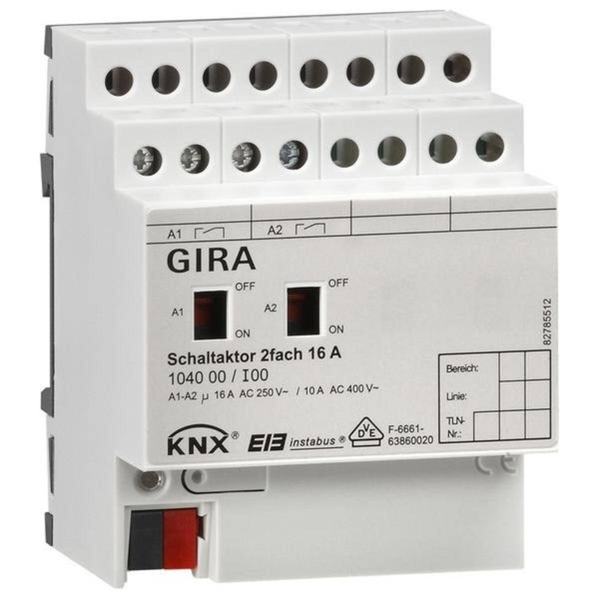Weißes GIRA KNX 2-Kanal-Schaltaktor-Modul mit der Bezeichnung „Schaltaktor 2fach 16 A