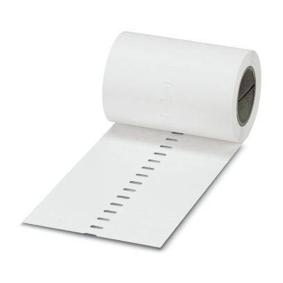 Rolle mit weißen perforierten Papieretikett oder Fahrkarten, mit einem Streifen, der sich von der Spule nach vorne abwickelt.