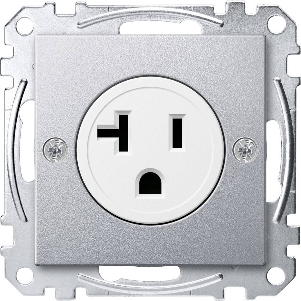 Eine weiße elektrische Steckdose, eingebettet in einer Metallwandplatte, konzipiert für Verkabelung und Stromverbindung.